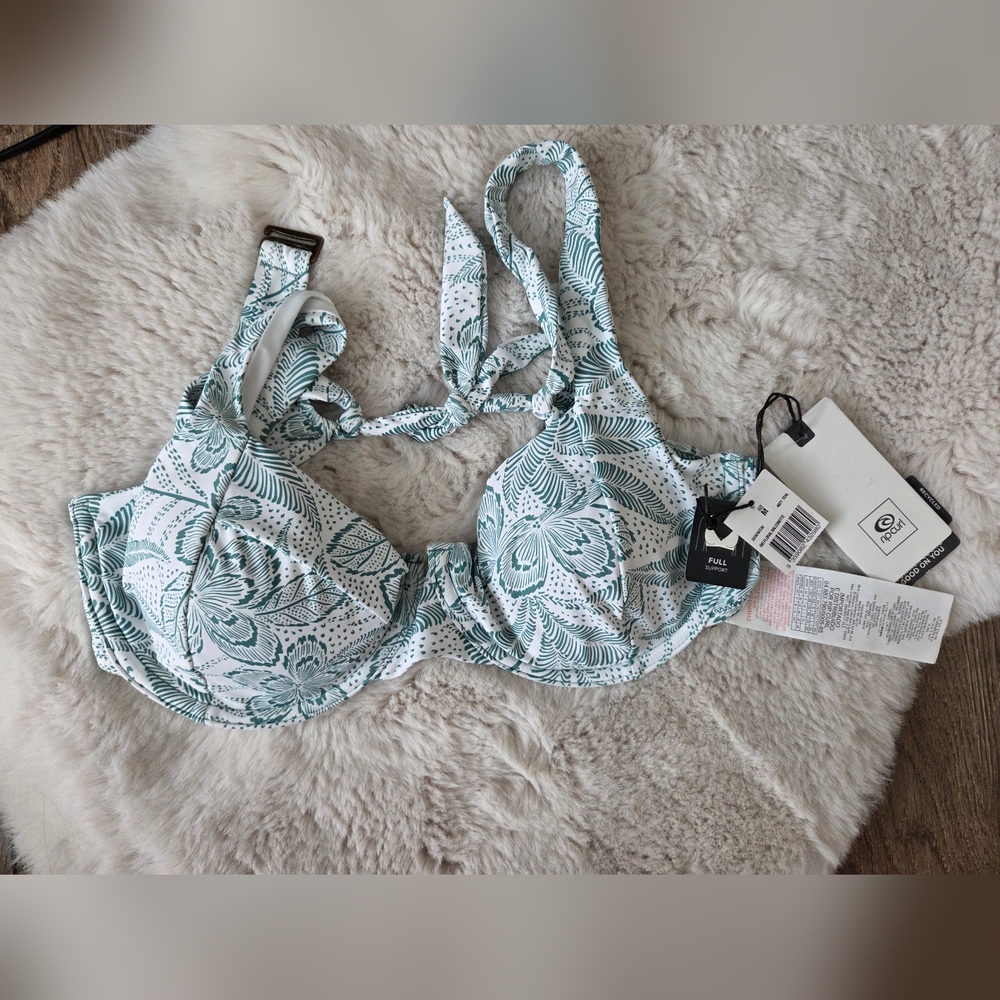 New Rip Curl Green and White Floral Bikini Top - Size Medium